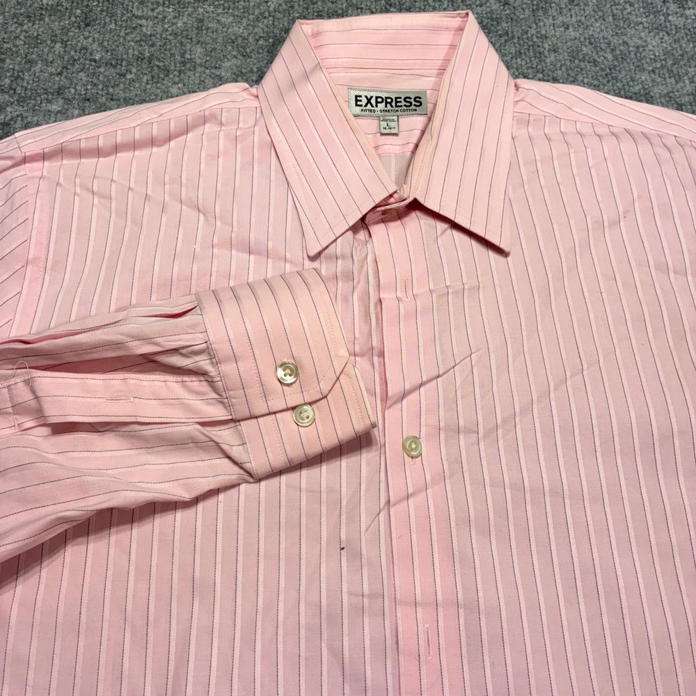 Express Mens Pink Stripe Fitted Stretch Cotton Dress Shirt Size L 16-16 1/2